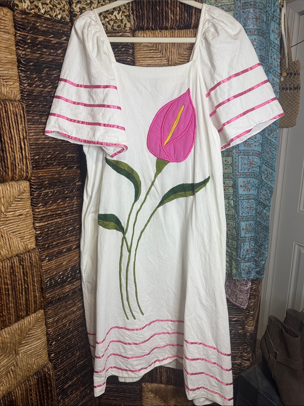 Vintage 1970s White Maxi Dress with Pink Floral Applique
